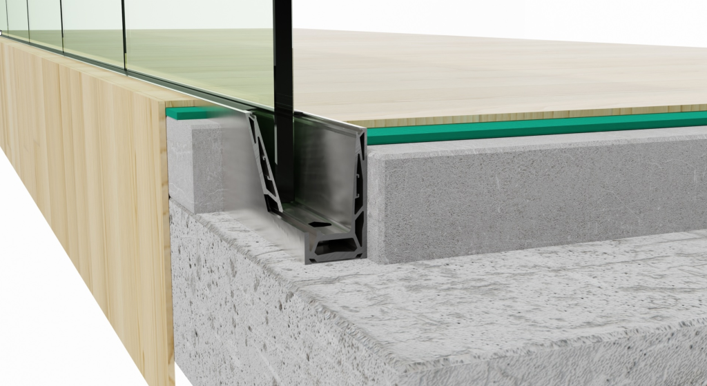 Balustrade van glas met u line top profiel.